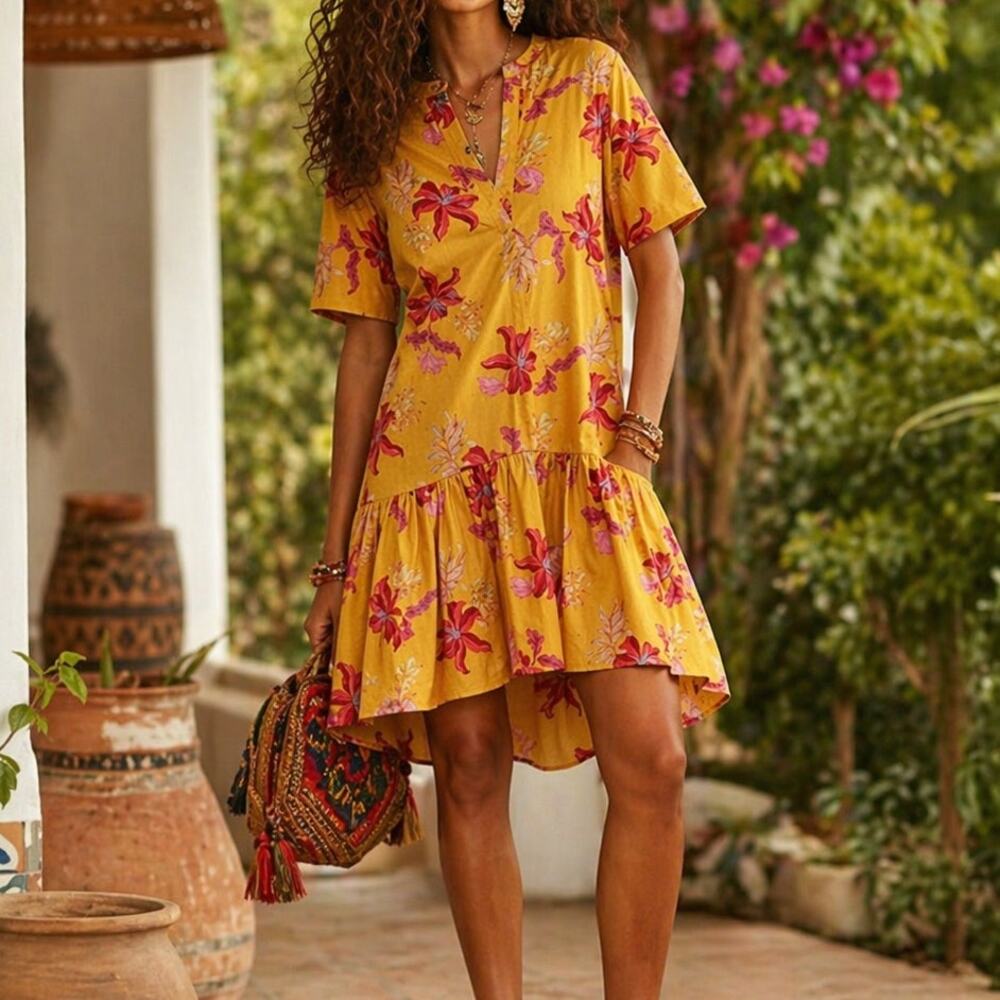 Tucker Laura Midi Dress Lime Lily in Light Weight Cotton Ruffle Hem Floral